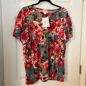 LuLaRoe Floral Olive Tulip Sleeve Top